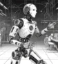 Humanoid robot in technological setting, dynamic posture, interacting with environment, monochrome, high-