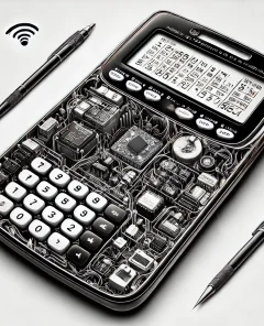 TI-84 calculator, internal wiring, Wi-Fi microcontroller, x-ray view, minimalistic background, monochromatic line art