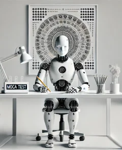 humanoid robot, desk, cognitive test, pencil, minimalistic background