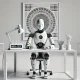 humanoid robot, desk, cognitive test, pencil, minimalistic background