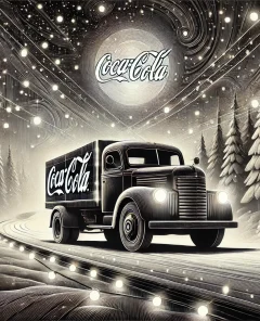 Coca-Cola truck, snowy landscape, glowing lights, animals, abstract trees