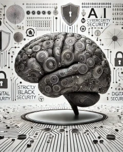 AI brain, digital security icons, shields, locks, binary code