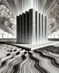 AI data center, electric wave patterns, distorted electricity, futuristic monolithic structure