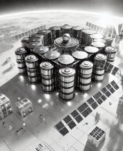 AI data center, orbit, solar panels, Earth, futuristic modules