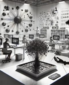 student, teacher, neural network diagram, modern classroom, technology devices