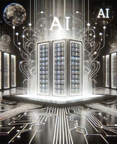 AI server farm, data streams, futuristic technology, clean background