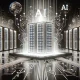 AI server farm, data streams, futuristic technology, clean background