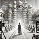 movie set, traditional Indian architecture, AI-generated character, Maharaja attire, digital production tools, holographic screens, cameras, lighting equipment, palace scene