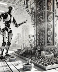 humanoid robot, industrial equipment, futuristic workspace, light and shadow, intricate line art