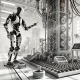 humanoid robot, industrial equipment, futuristic workspace, light and shadow, intricate line art