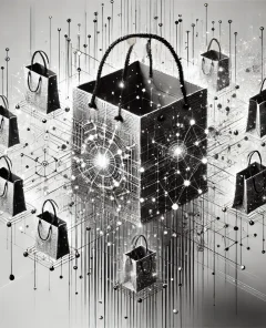 shopping bags, digital grid, glowing nodes, minimal background