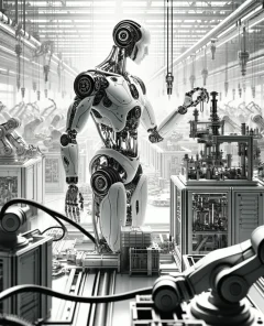 humanoid robot, robotic arms, manufacturing equipment, industrial setting