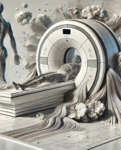 MRI machine, abstract human body composition, digital data streams, muscle layers, fat layers