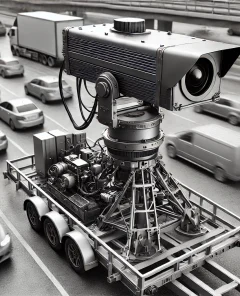 AI-powered traffic camera, mobile trailer, overhead camera rig, busy road monitoring system, clean surroundings, high-tech setup