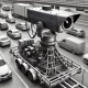 AI-powered traffic camera, mobile trailer, overhead camera rig, busy road monitoring system, clean surroundings, high-tech setup