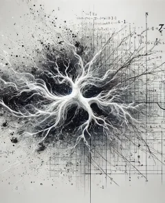 neuron network, mathematical equations, minimalistic background, intricate lines, black and white