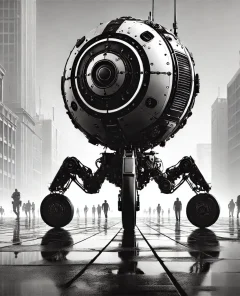 spherical police robot, central wheel, urban environment, futuristic setting, cameras, weaponry, minimalistic cityscape, pedestrians