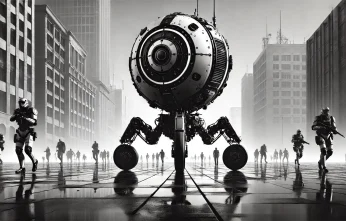 spherical police robot, central wheel, urban environment, futuristic setting, cameras, weaponry, minimalistic cityscape, pedestrians