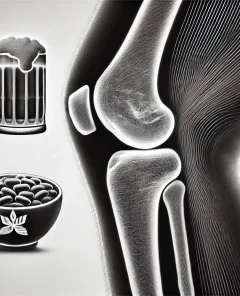 human knee X-ray, beer mug, bowl of beans, abstract symbols, medical data, minimalistic background