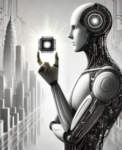 humanoid figure, glowing chip, futuristic cityscape, abstract technology elements