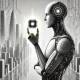 humanoid figure, glowing chip, futuristic cityscape, abstract technology elements