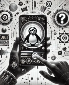 penguin avatar, smartphone screen, glowing heart, question mark, abstract elements, minimalistic background