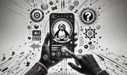 penguin avatar, smartphone screen, glowing heart, question mark, abstract elements, minimalistic background