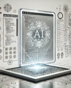 futuristic transparent tablet, AI code editor interface, flowing connections, nodes, integrated coding tools, minimalistic background