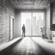 figure, window, sparse apartment, San Francisco skyline, solitude