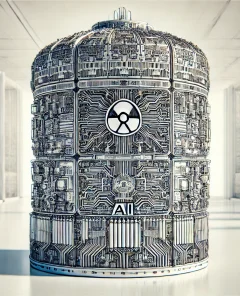 small modular nuclear reactor, AI circuit patterns, industrial background, minimalistic design, black and white